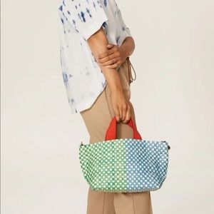 Clare V. Petite Bateau Woven • Green, Blue, Cream Checks with Tangerine Handles